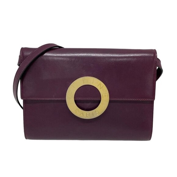 Auth CELINE Circle Logo Bordeaux Leather Shoulder Bag - Picture 1 of 9